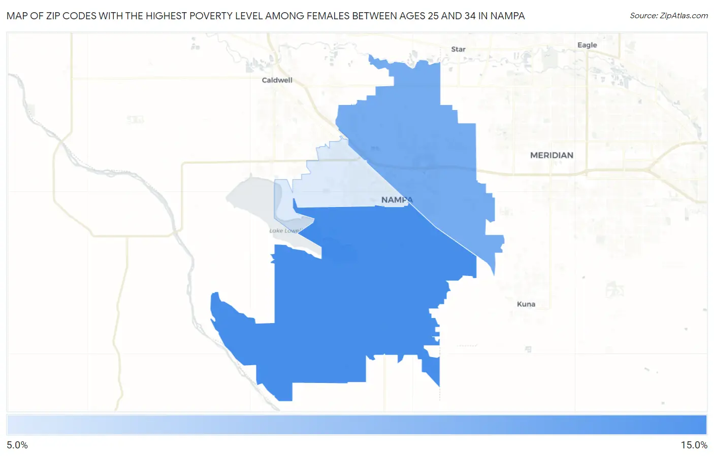 Zip Codes with the Highest Poverty Level Among Females Between Ages 25 and 34 in Nampa Map