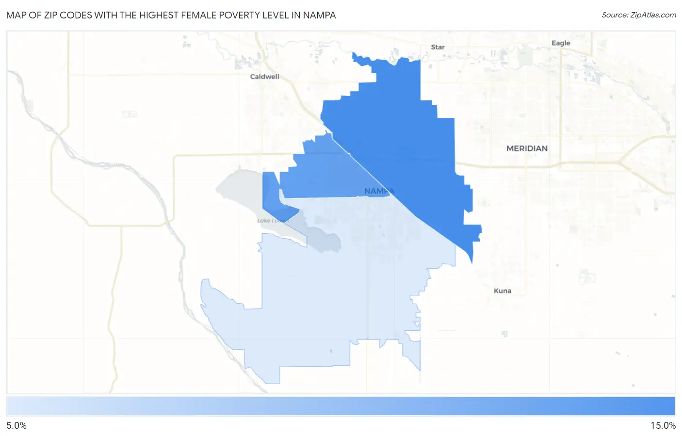 Zip Codes with the Highest Female Poverty Level in Nampa Map