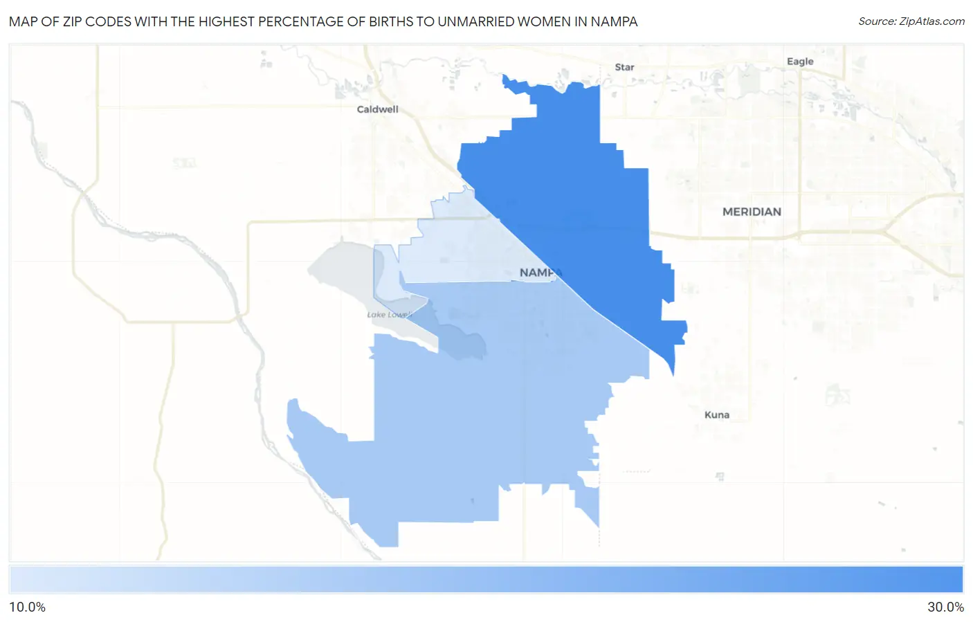 Zip Codes with the Highest Percentage of Births to Unmarried Women in Nampa Map