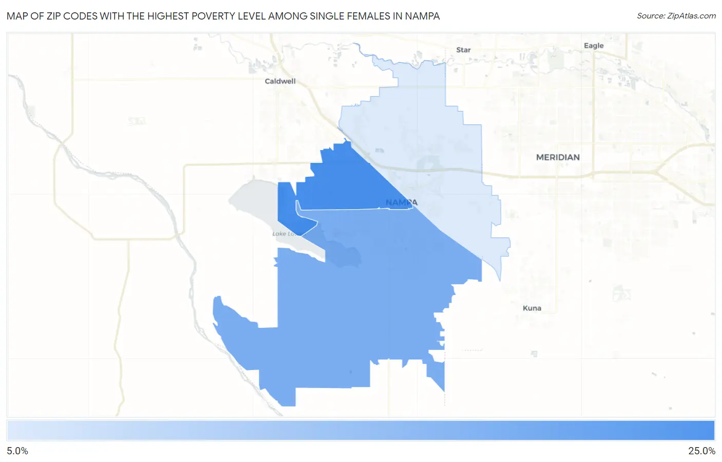 Zip Codes with the Highest Poverty Level Among Single Females in Nampa Map