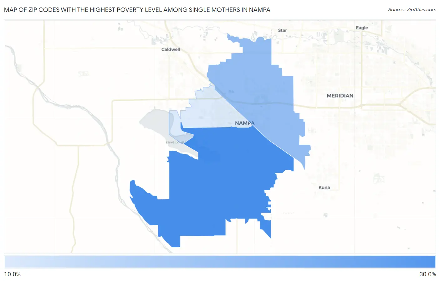 Zip Codes with the Highest Poverty Level Among Single Mothers in Nampa Map