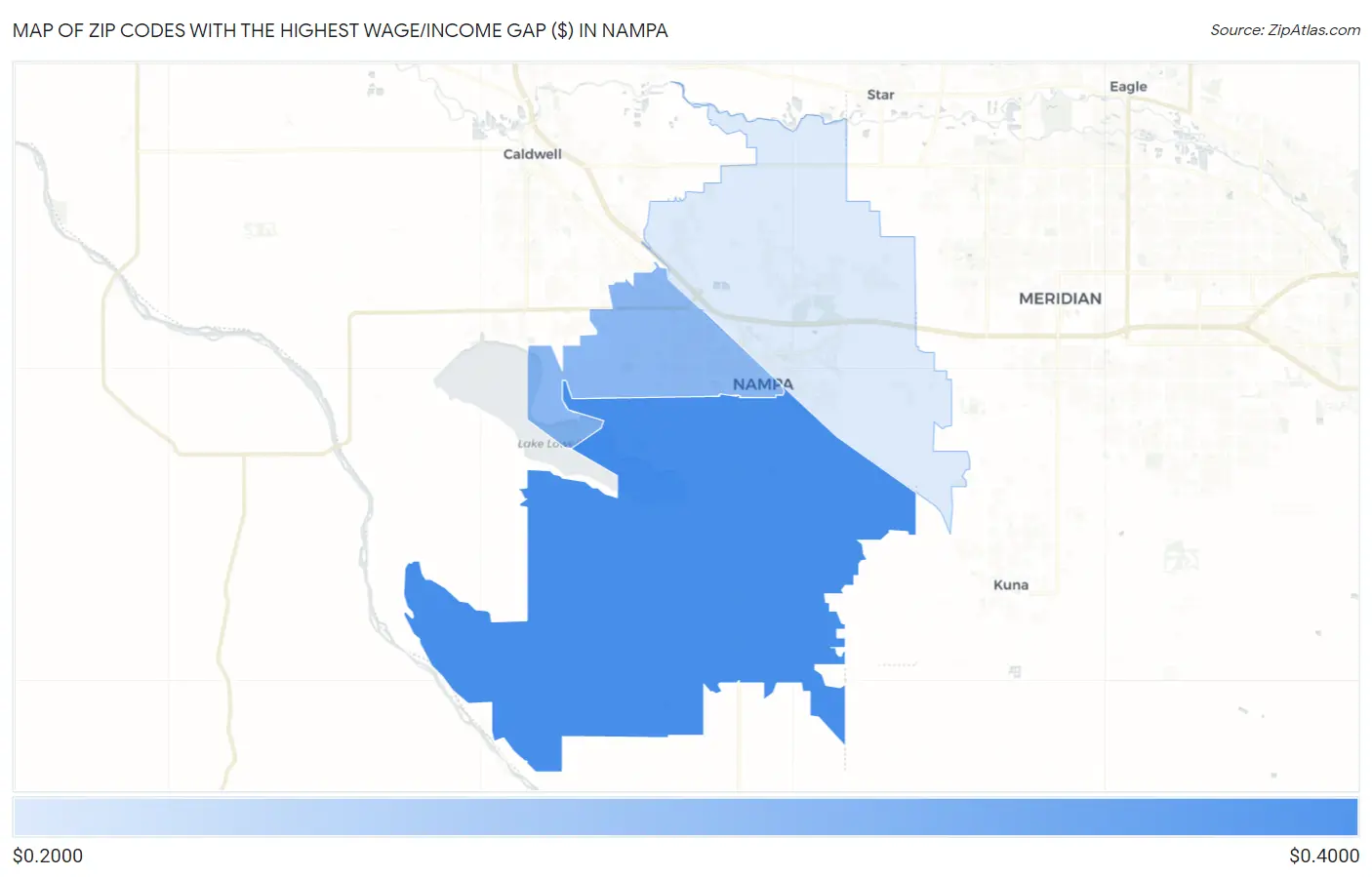 Zip Codes with the Highest Wage/Income Gap ($) in Nampa Map