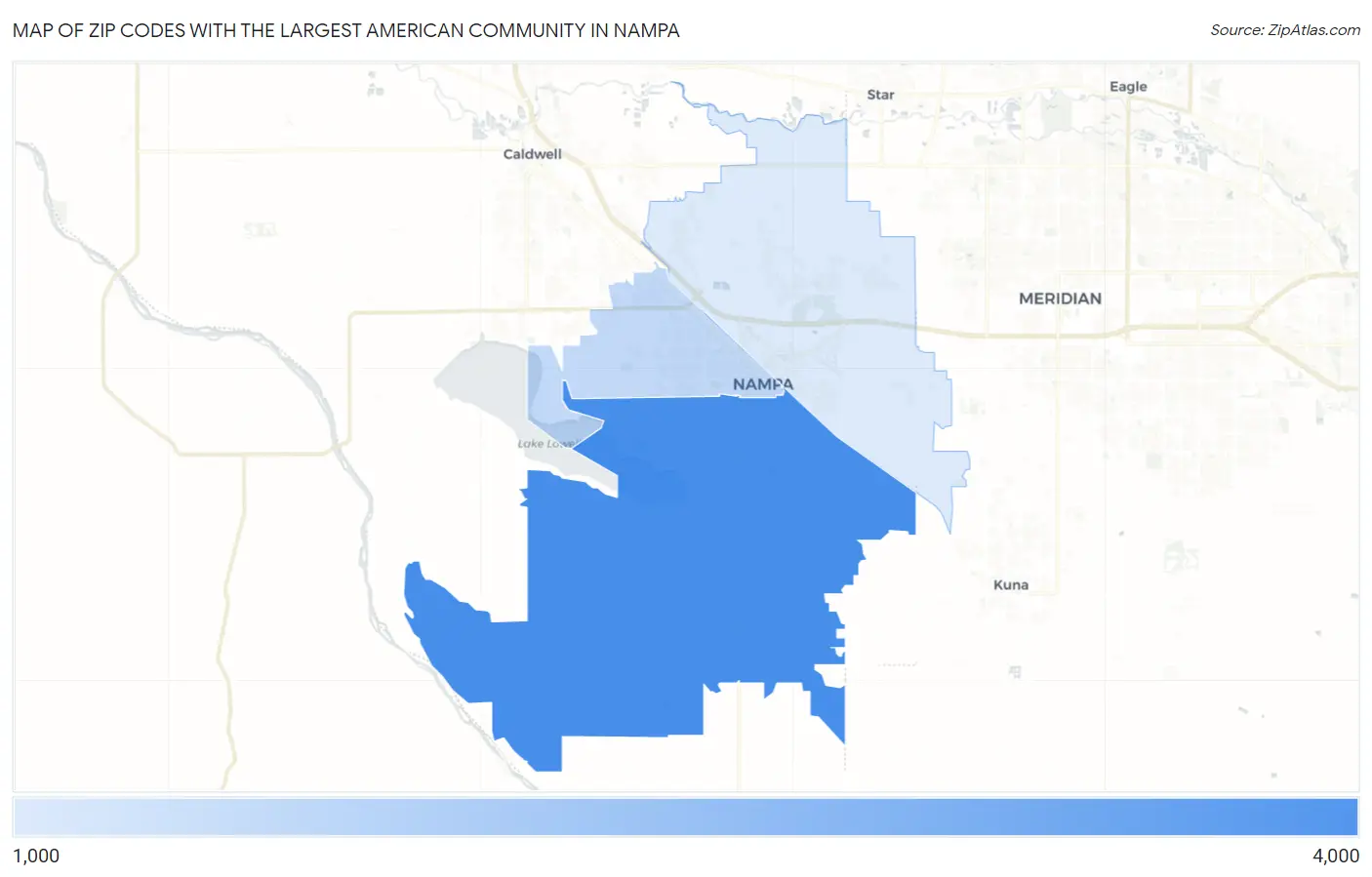 Zip Codes with the Largest American Community in Nampa Map
