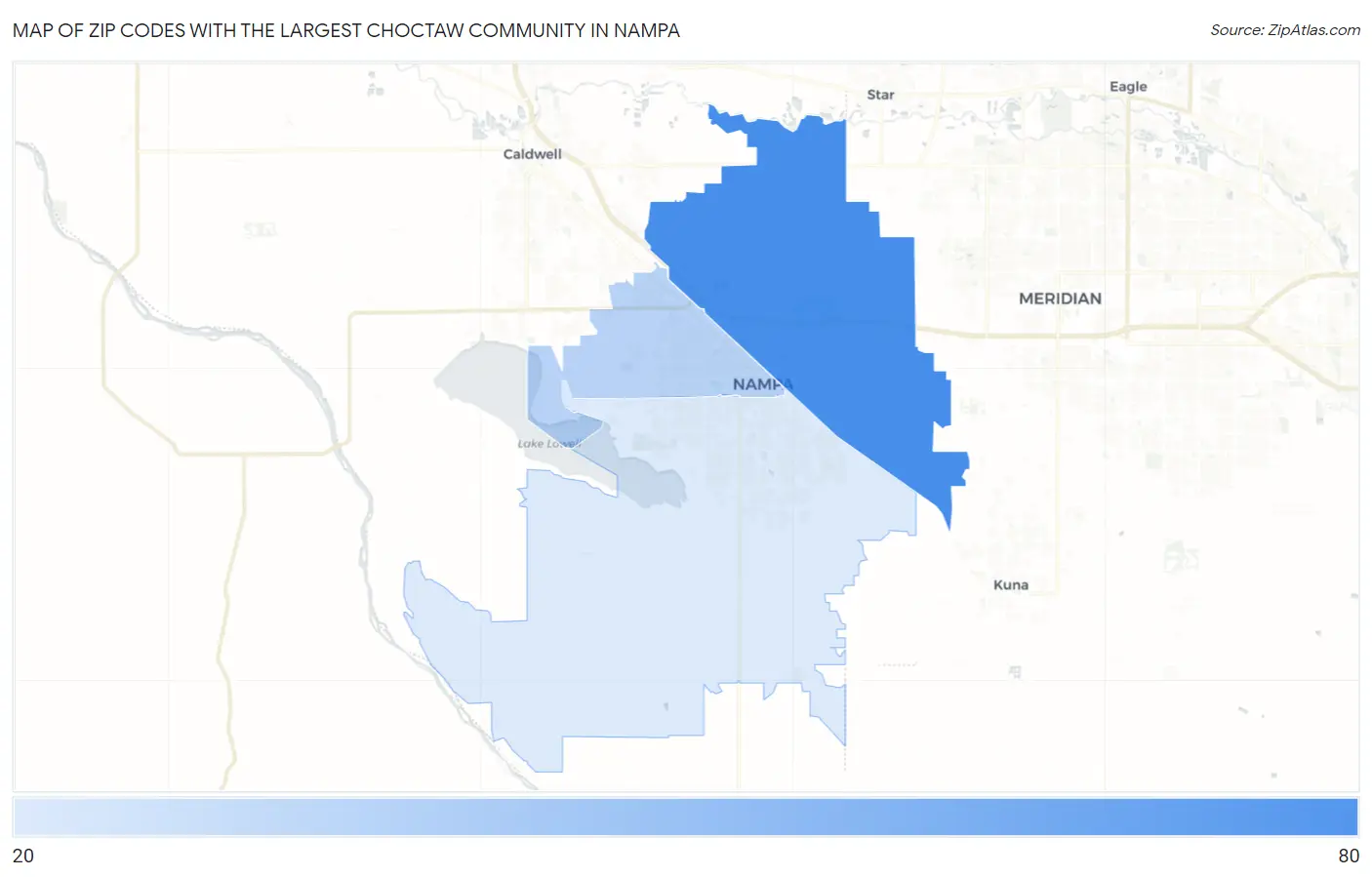 Zip Codes with the Largest Choctaw Community in Nampa Map
