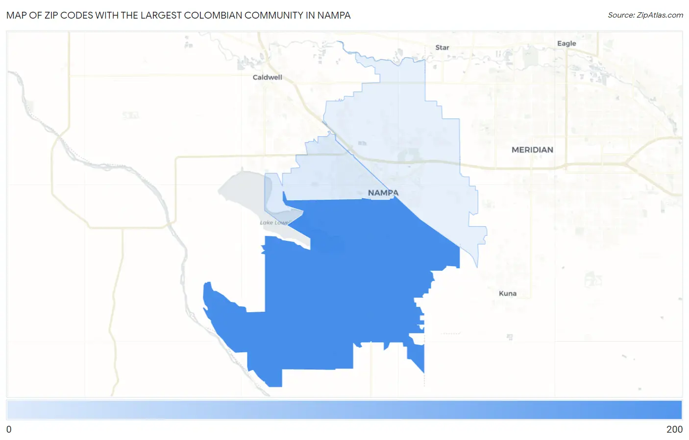 Zip Codes with the Largest Colombian Community in Nampa Map