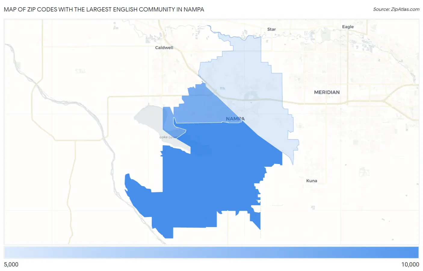 Zip Codes with the Largest English Community in Nampa Map