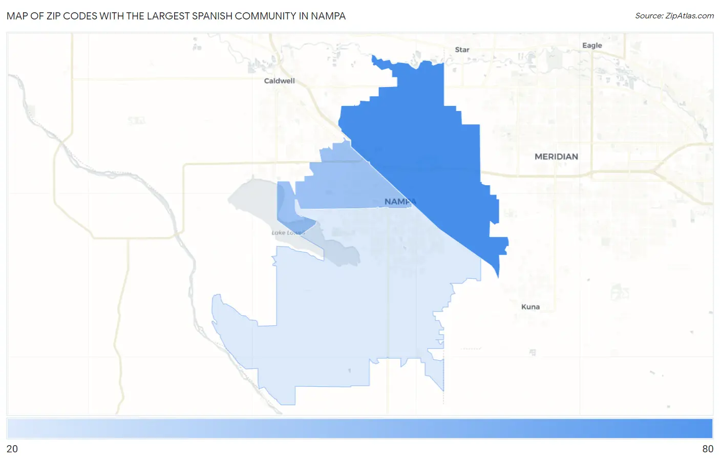 Zip Codes with the Largest Spanish Community in Nampa Map