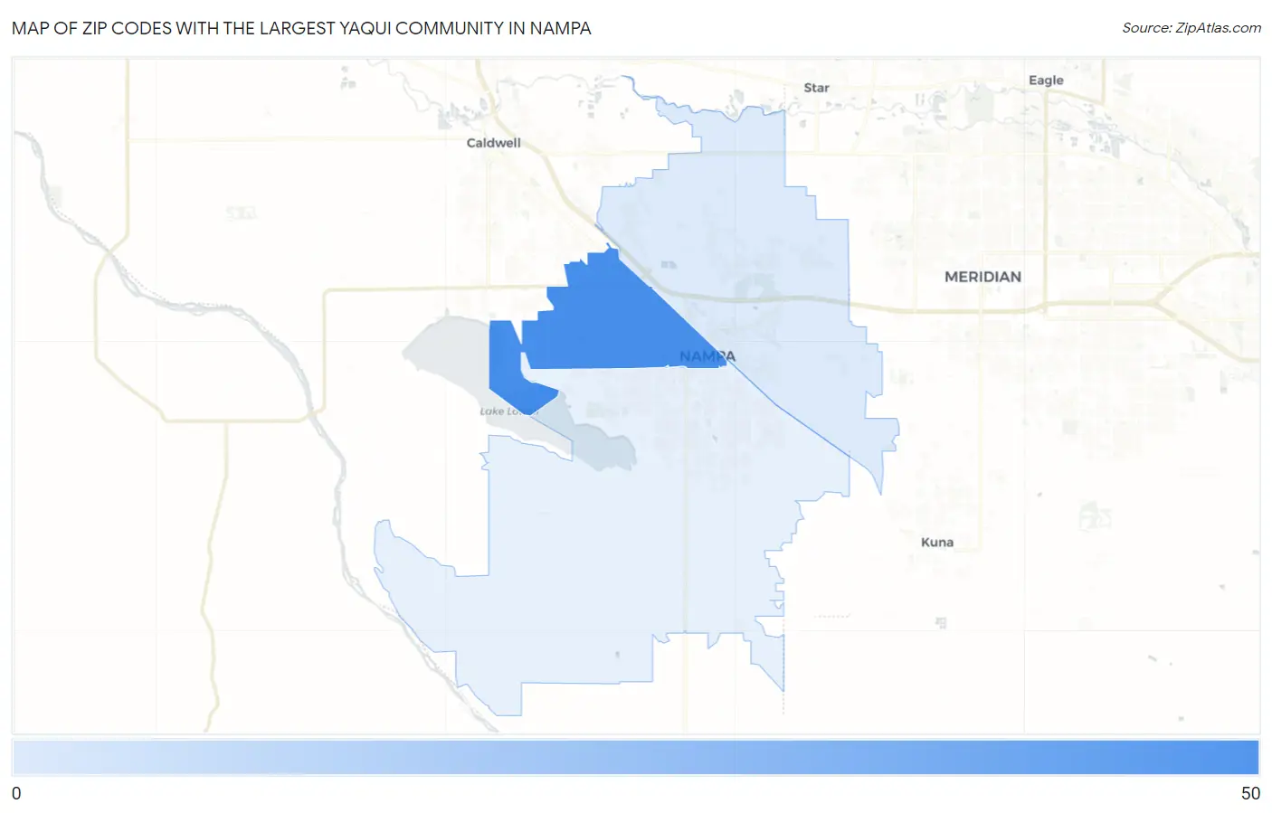 Zip Codes with the Largest Yaqui Community in Nampa Map