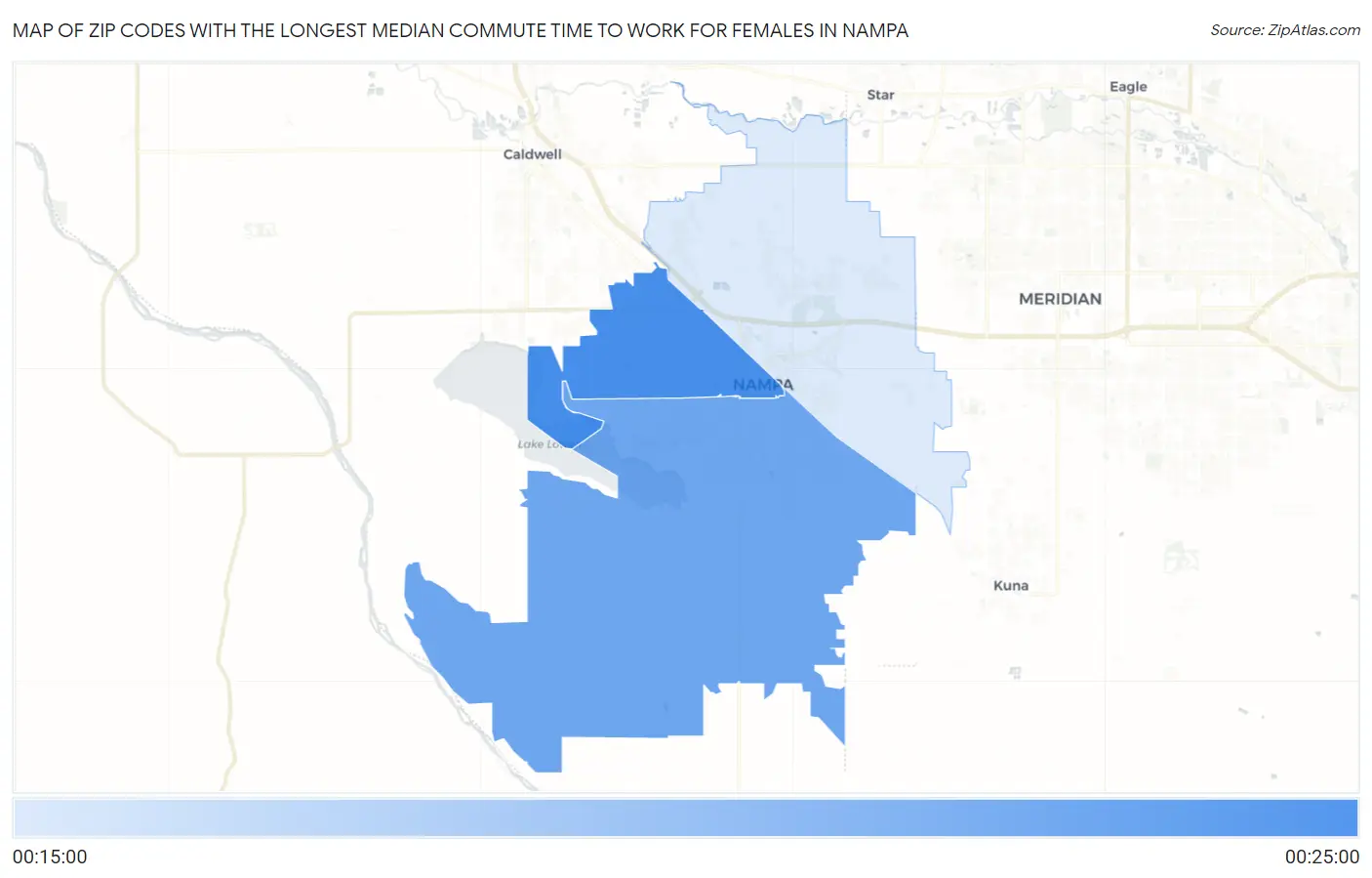 Zip Codes with the Longest Median Commute Time to Work for Females in Nampa Map