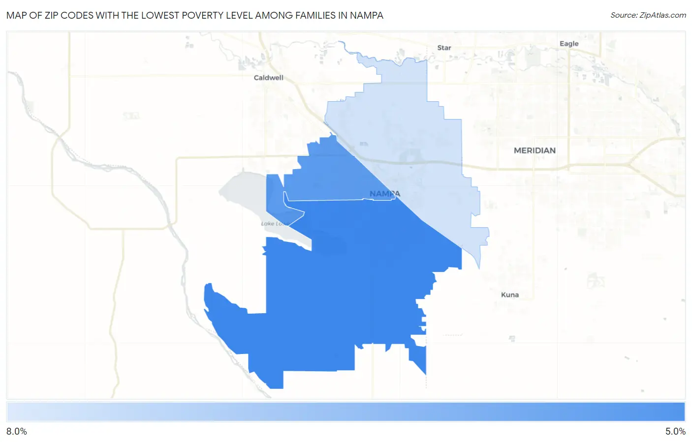 Zip Codes with the Lowest Poverty Level Among Families in Nampa Map