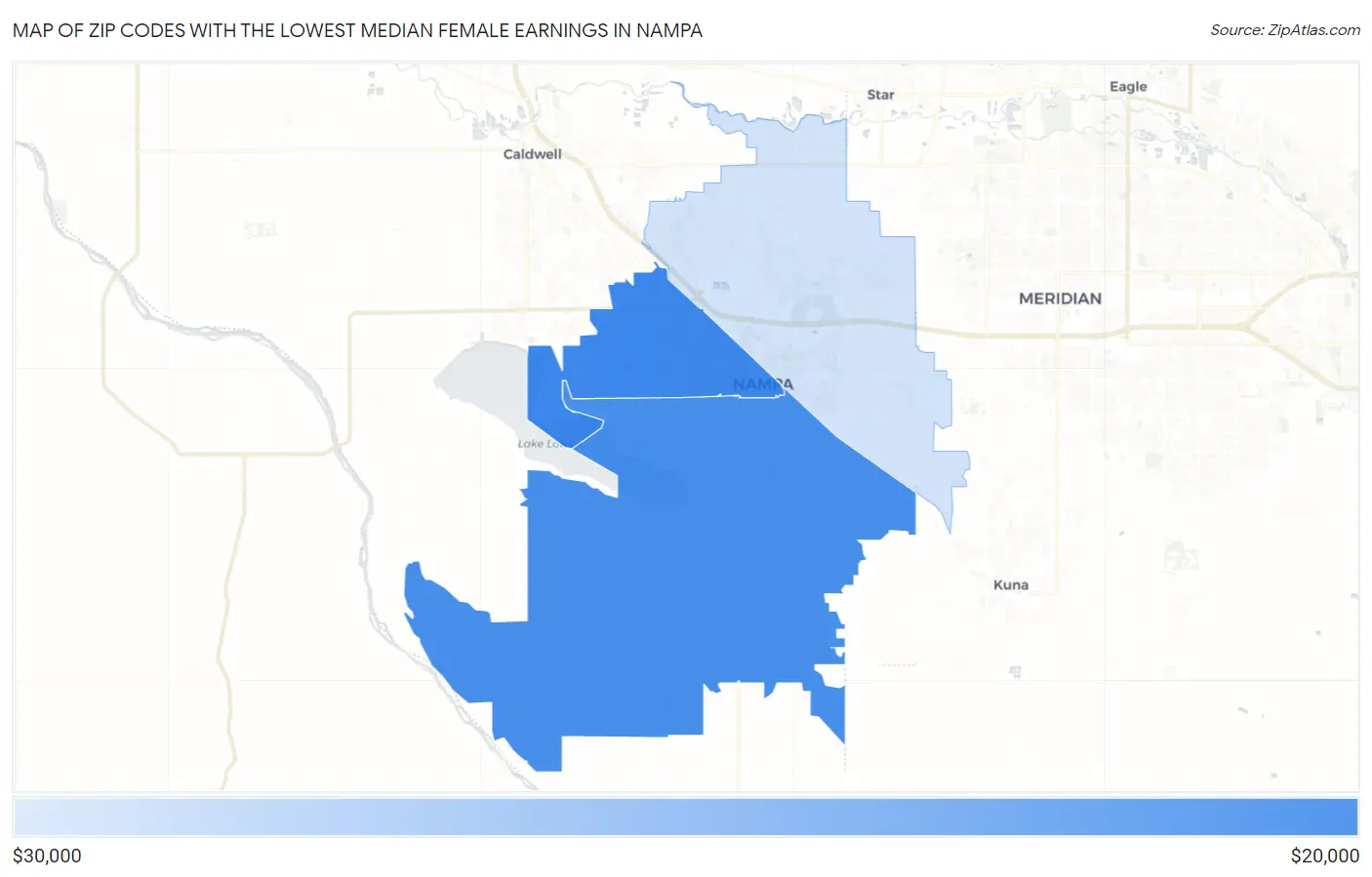Zip Codes with the Lowest Median Female Earnings in Nampa Map