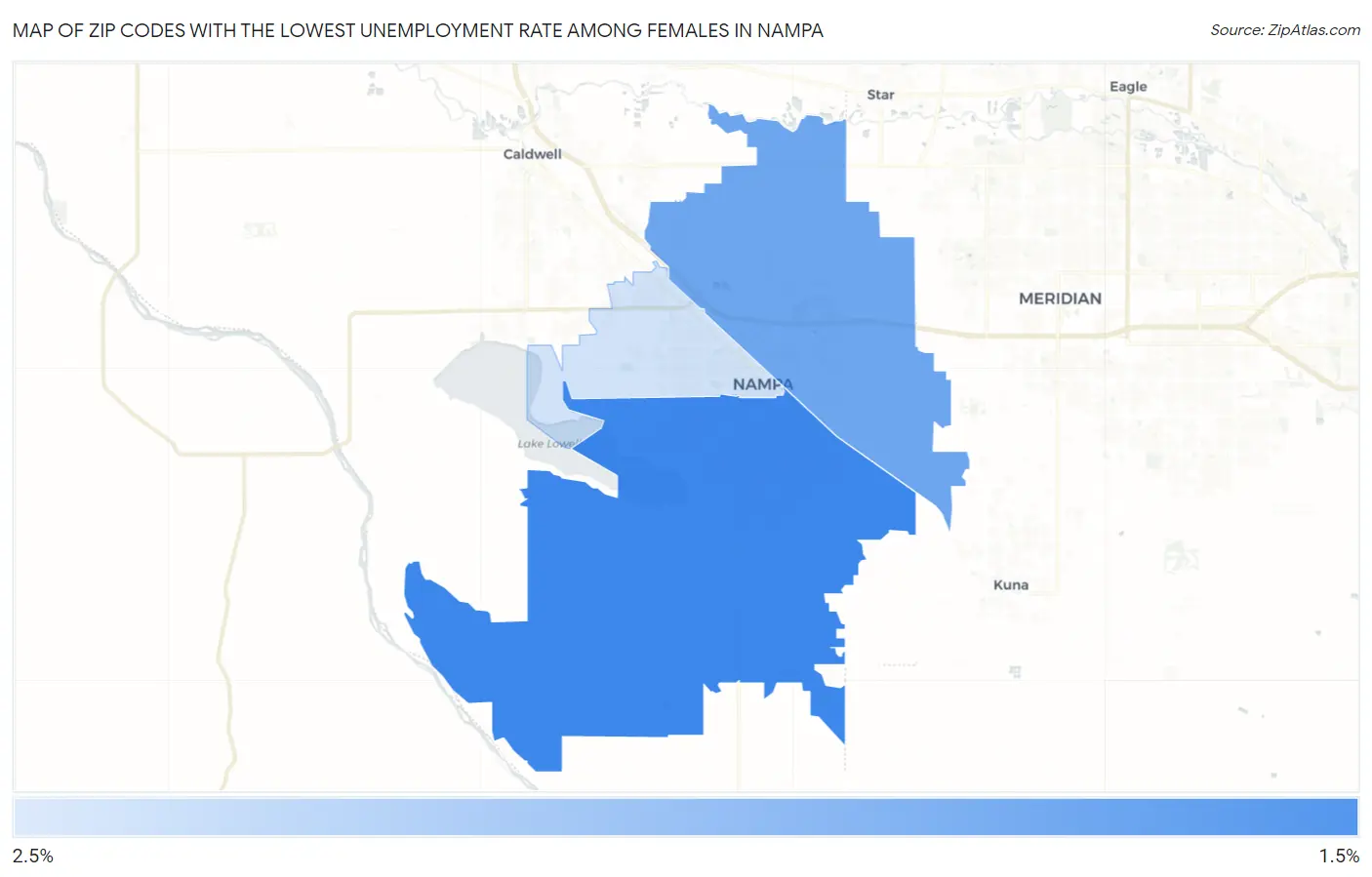 Zip Codes with the Lowest Unemployment Rate Among Females in Nampa Map