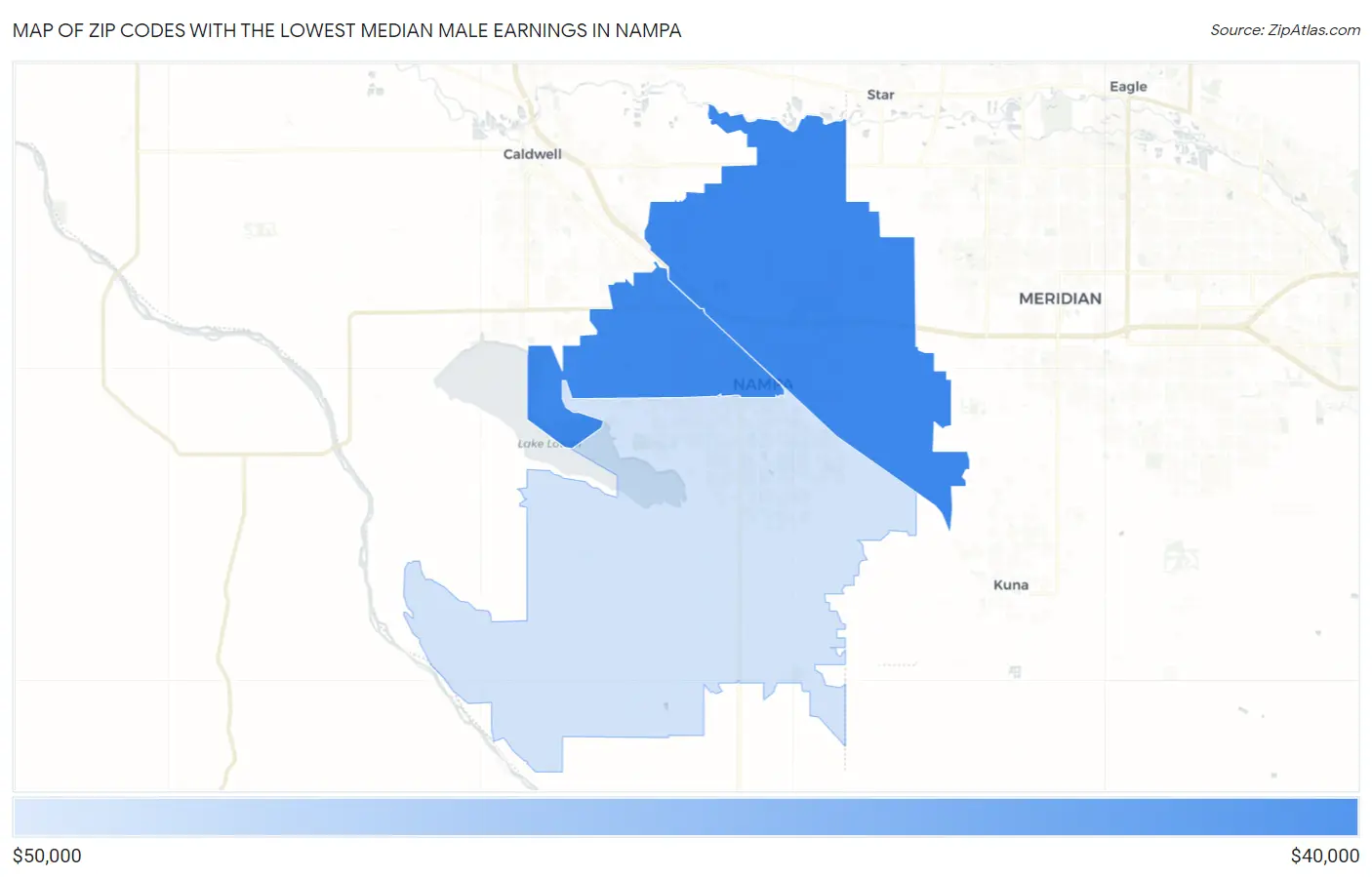 Zip Codes with the Lowest Median Male Earnings in Nampa Map