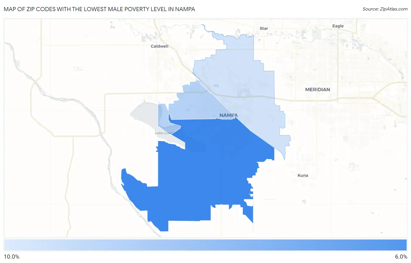 Zip Codes with the Lowest Male Poverty Level in Nampa Map