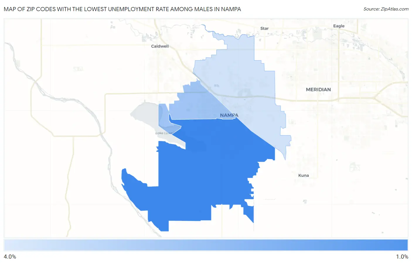Zip Codes with the Lowest Unemployment Rate Among Males in Nampa Map