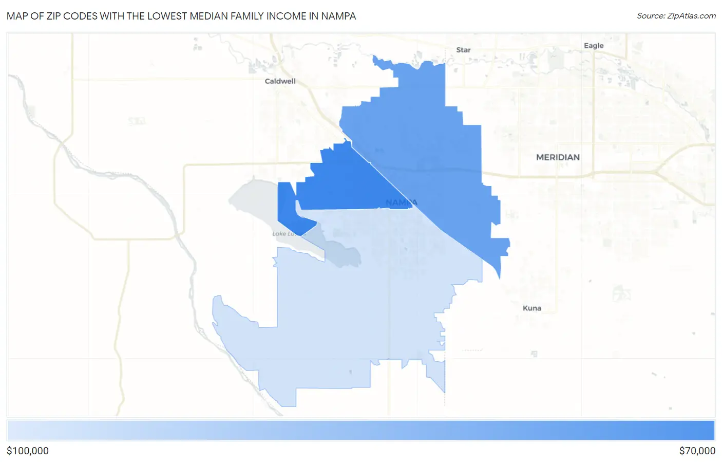 Zip Codes with the Lowest Median Family Income in Nampa Map