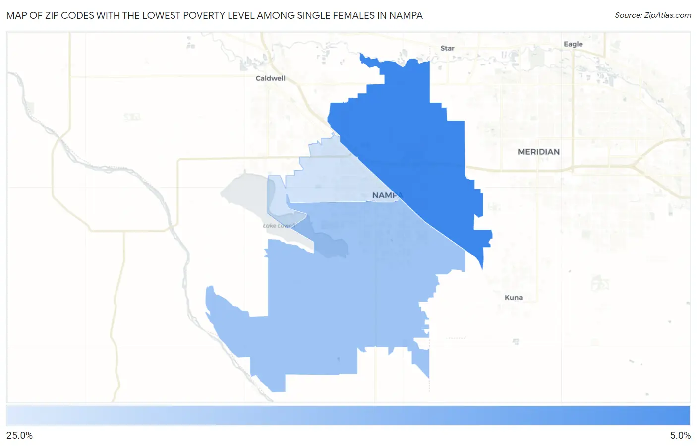 Zip Codes with the Lowest Poverty Level Among Single Females in Nampa Map