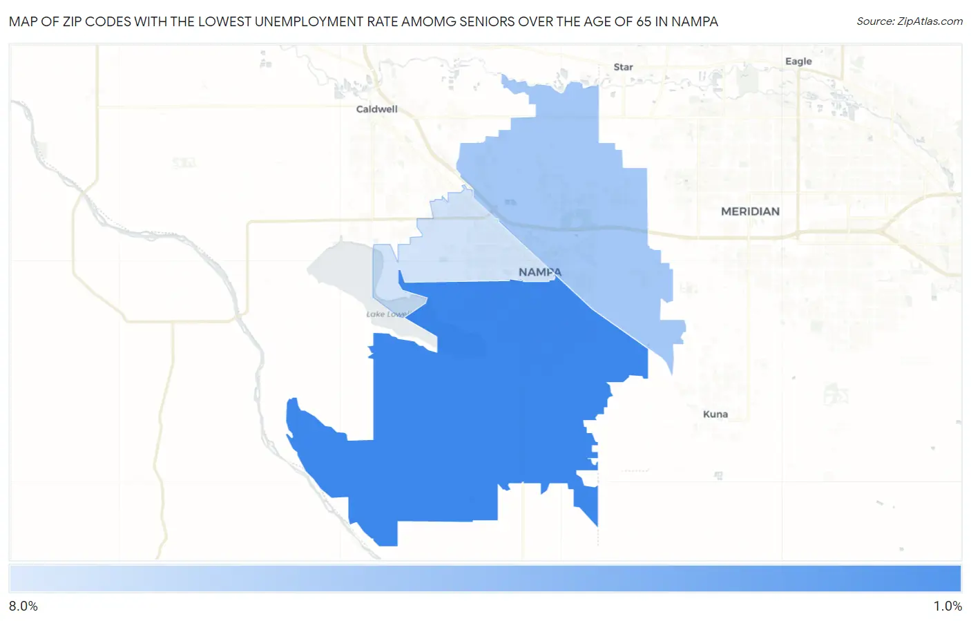 Zip Codes with the Lowest Unemployment Rate Amomg Seniors Over the Age of 65 in Nampa Map