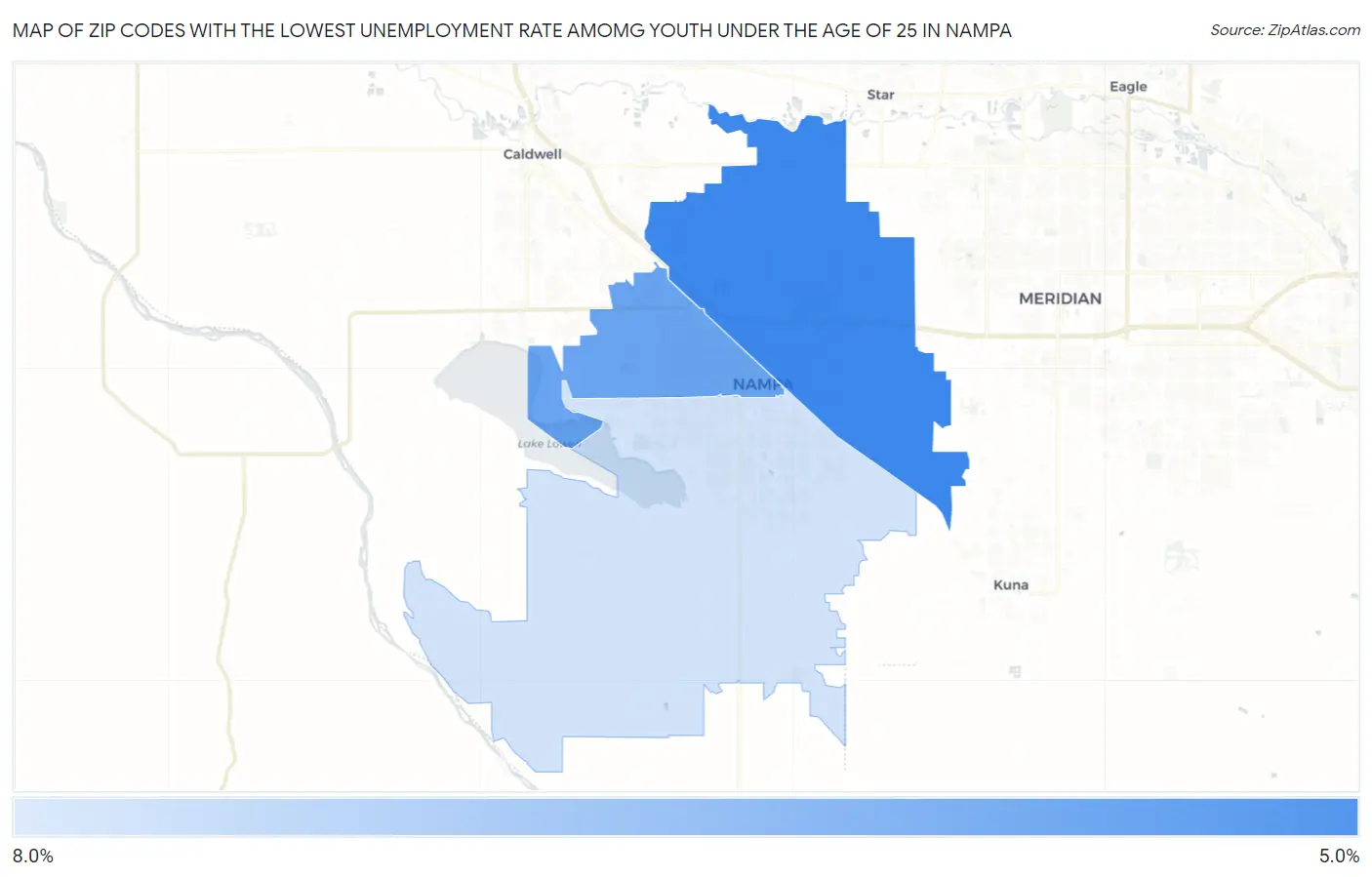 Zip Codes with the Lowest Unemployment Rate Amomg Youth Under the Age of 25 in Nampa Map