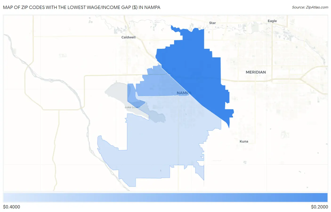 Zip Codes with the Lowest Wage/Income Gap ($) in Nampa Map