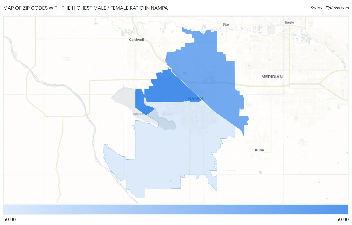 Zip Codes with the Highest Male / Female Ratio in Nampa Map