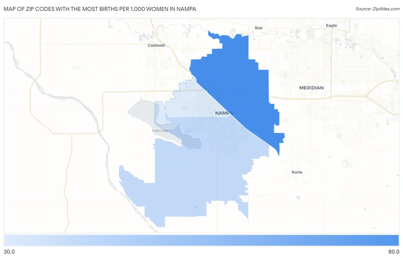 Zip Codes with the Most Births per 1,000 Women in Nampa Map