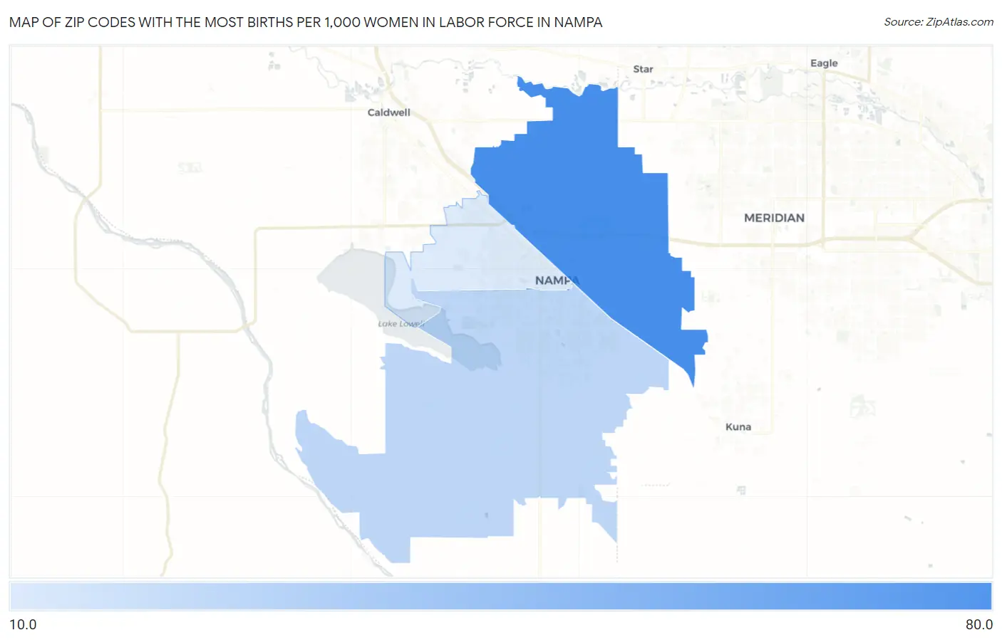 Zip Codes with the Most Births per 1,000 Women in Labor Force in Nampa Map