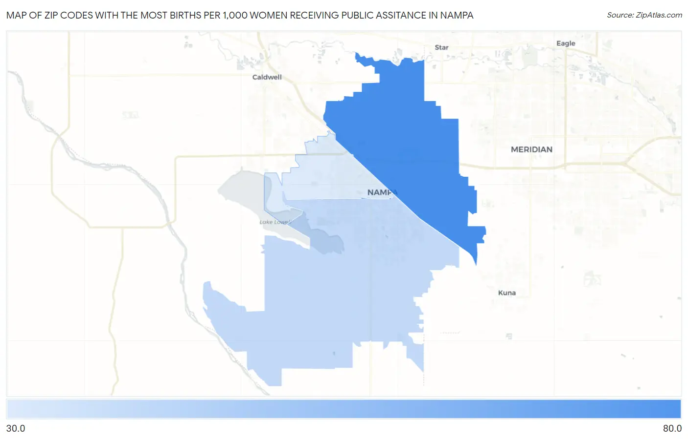 Zip Codes with the Most Births per 1,000 Women Receiving Public Assitance in Nampa Map