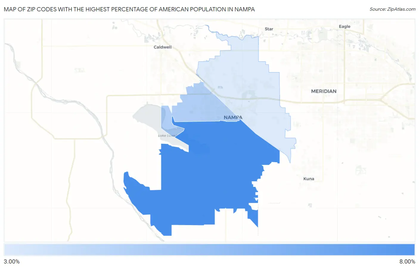 Zip Codes with the Highest Percentage of American Population in Nampa Map