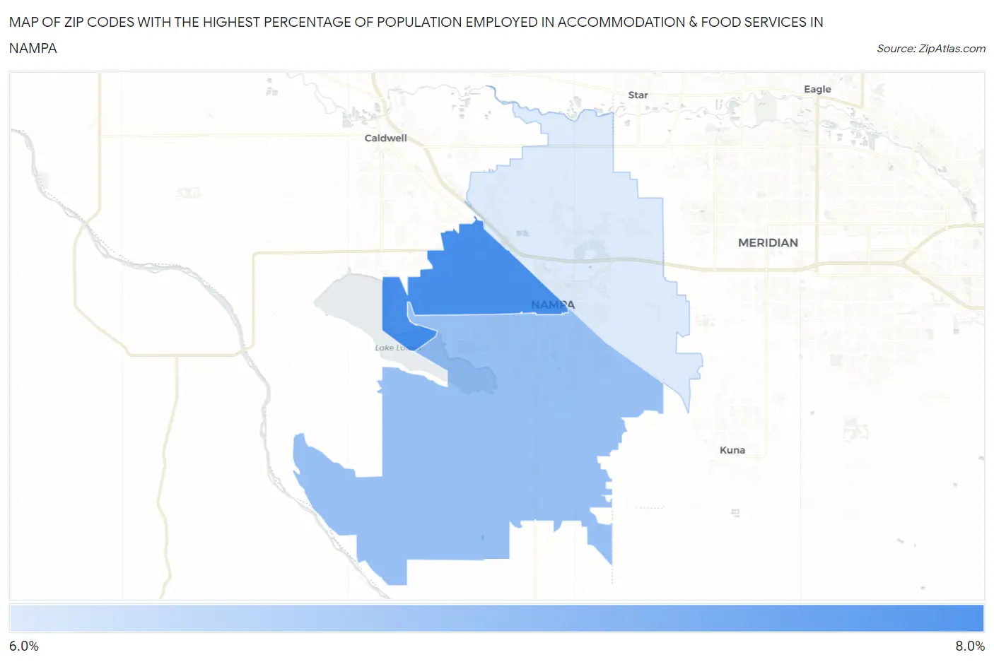 Zip Codes with the Highest Percentage of Population Employed in Accommodation & Food Services in Nampa Map