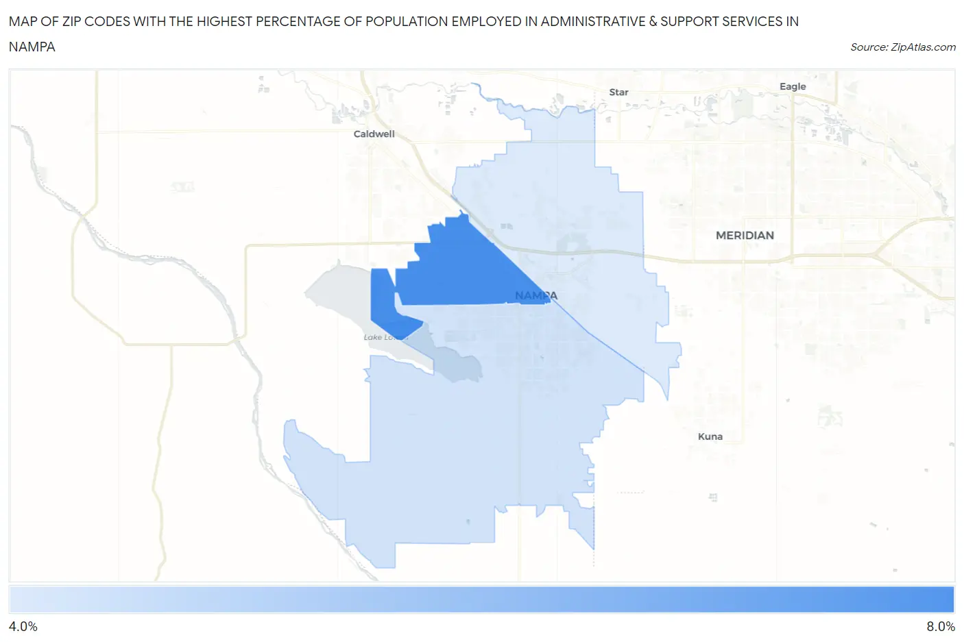 Zip Codes with the Highest Percentage of Population Employed in Administrative & Support Services in Nampa Map