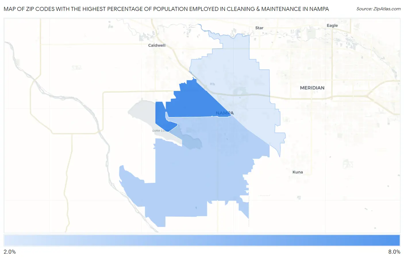 Zip Codes with the Highest Percentage of Population Employed in Cleaning & Maintenance in Nampa Map