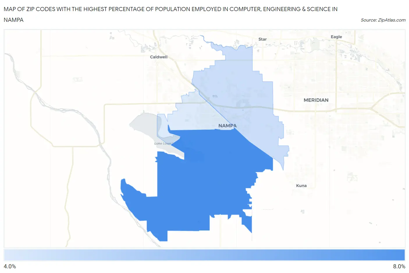 Zip Codes with the Highest Percentage of Population Employed in Computer, Engineering & Science in Nampa Map