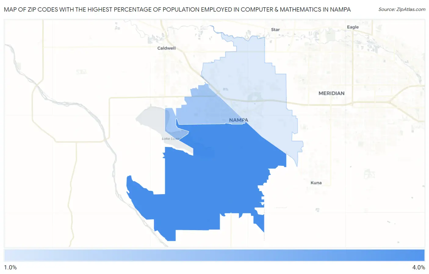 Zip Codes with the Highest Percentage of Population Employed in Computer & Mathematics in Nampa Map