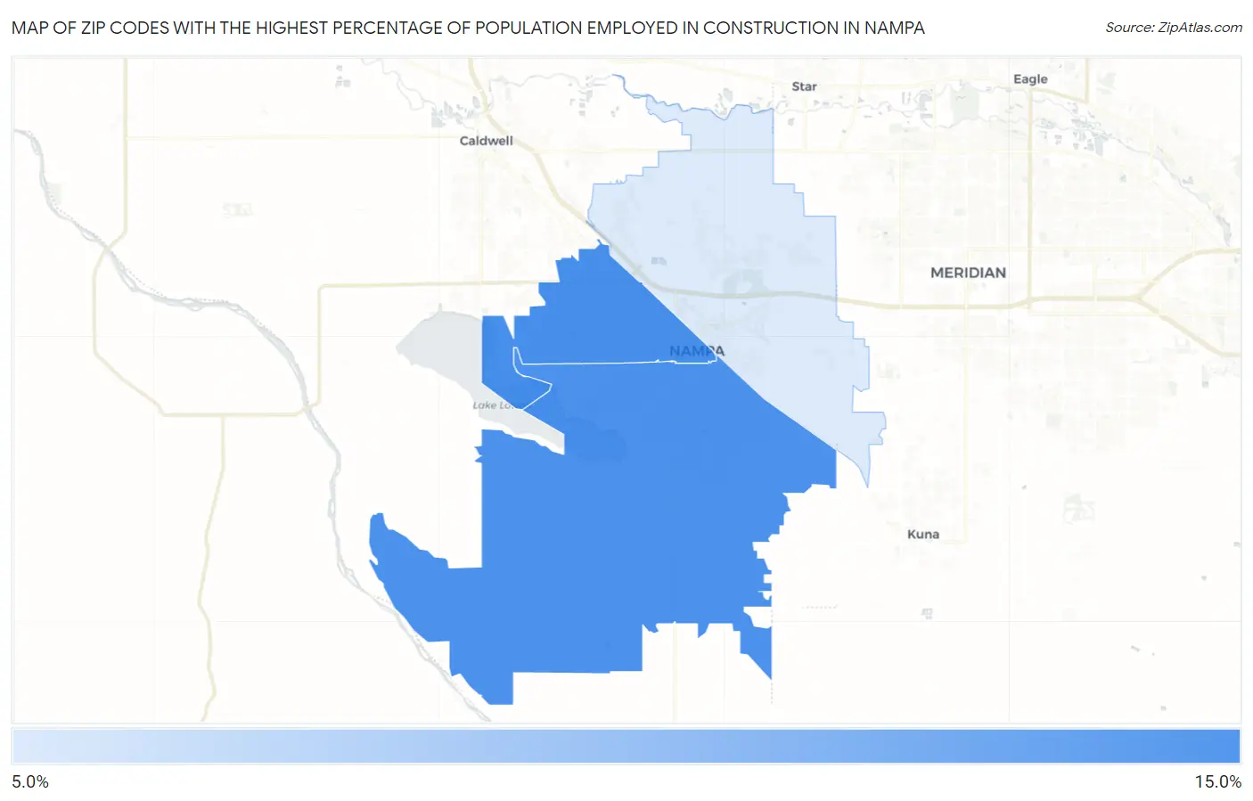 Zip Codes with the Highest Percentage of Population Employed in Construction in Nampa Map