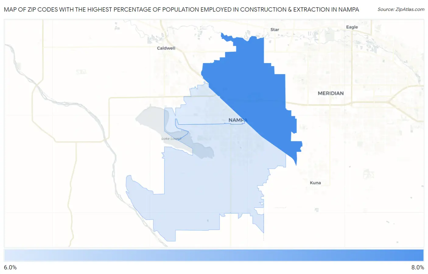 Zip Codes with the Highest Percentage of Population Employed in Construction & Extraction in Nampa Map
