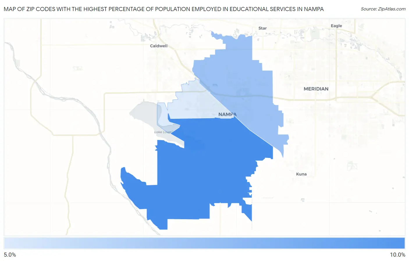 Zip Codes with the Highest Percentage of Population Employed in Educational Services in Nampa Map