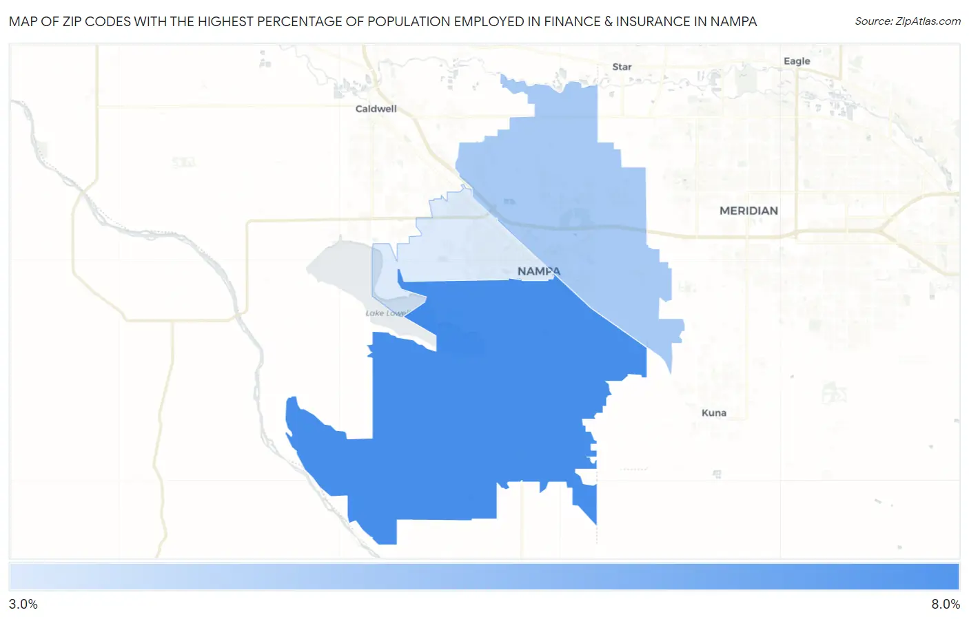 Zip Codes with the Highest Percentage of Population Employed in Finance & Insurance in Nampa Map