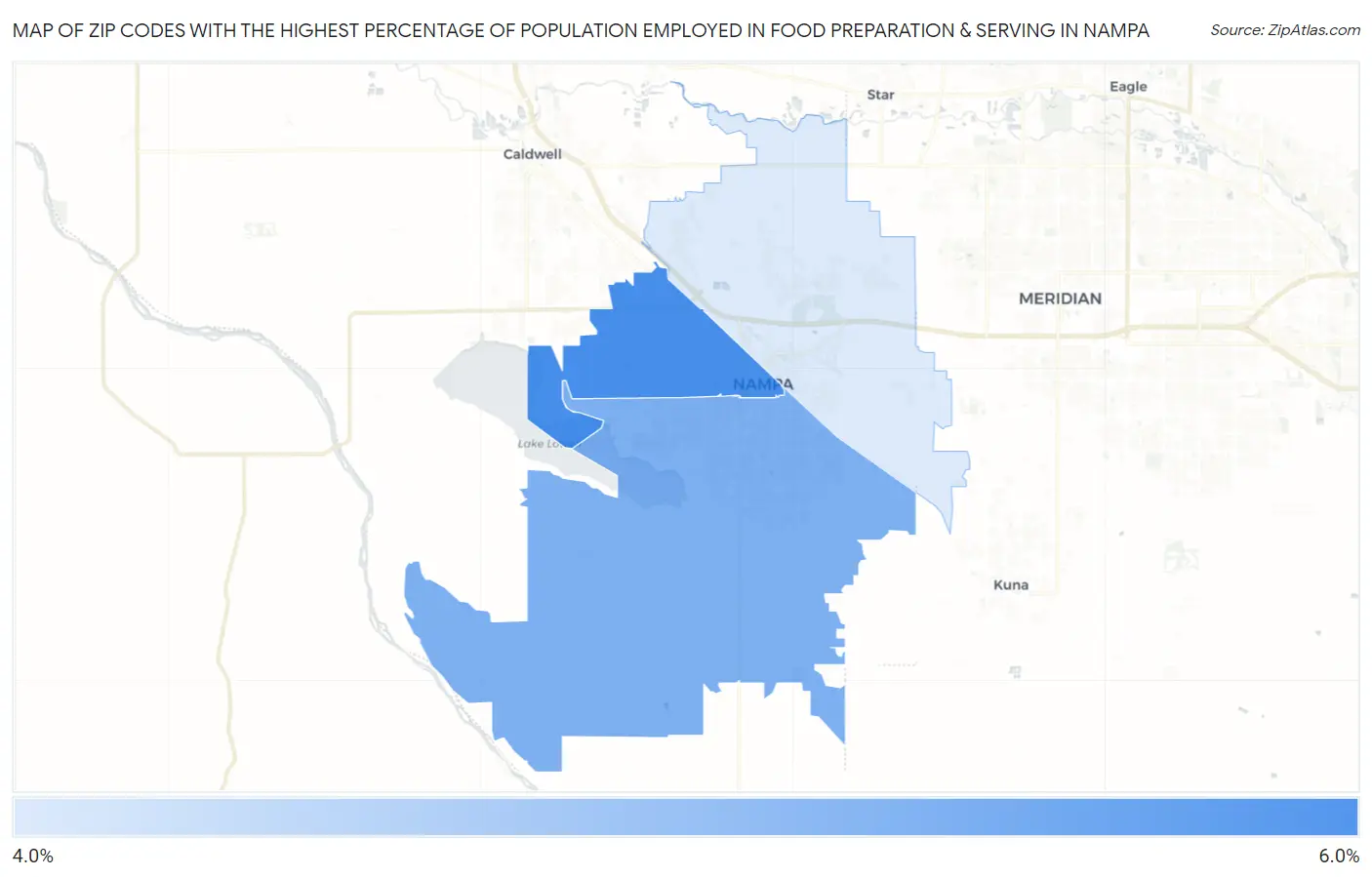 Zip Codes with the Highest Percentage of Population Employed in Food Preparation & Serving in Nampa Map
