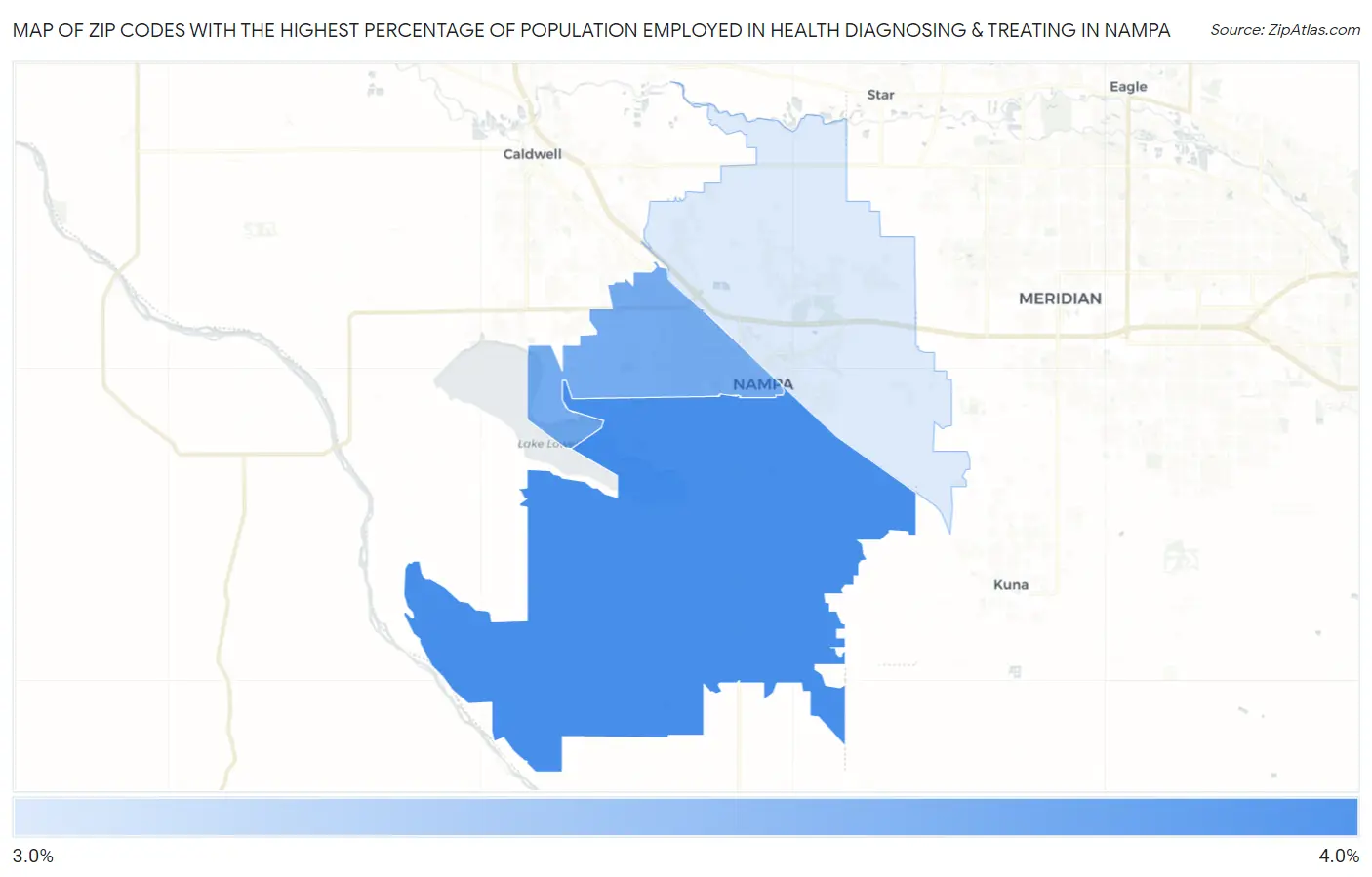 Zip Codes with the Highest Percentage of Population Employed in Health Diagnosing & Treating in Nampa Map