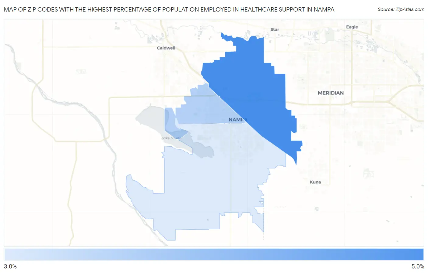 Zip Codes with the Highest Percentage of Population Employed in Healthcare Support in Nampa Map