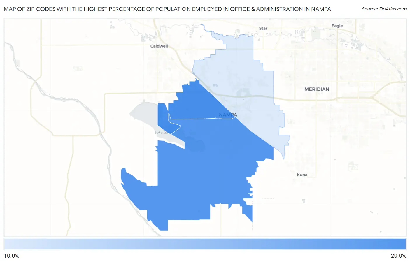 Zip Codes with the Highest Percentage of Population Employed in Office & Administration in Nampa Map