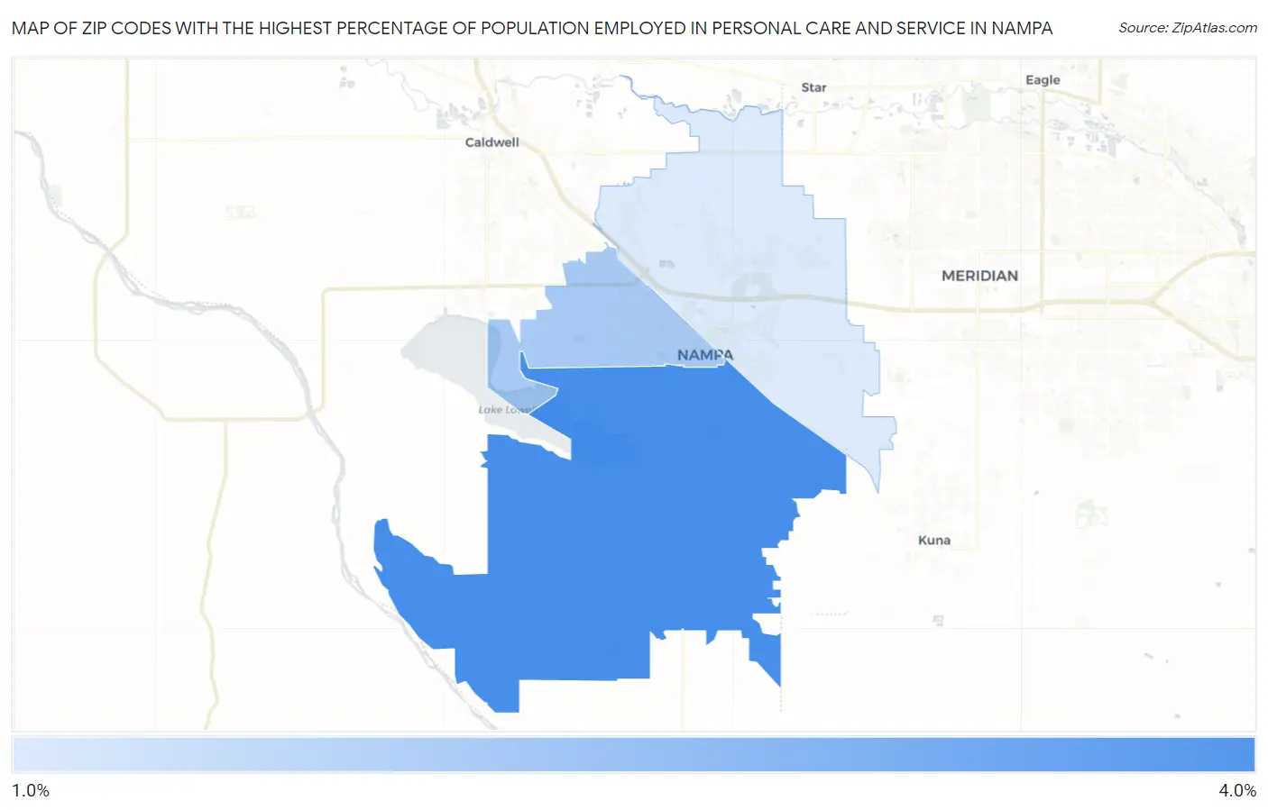 Zip Codes with the Highest Percentage of Population Employed in Personal Care and Service in Nampa Map