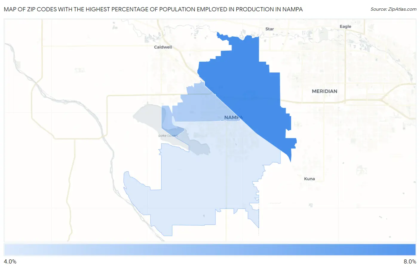 Zip Codes with the Highest Percentage of Population Employed in Production in Nampa Map