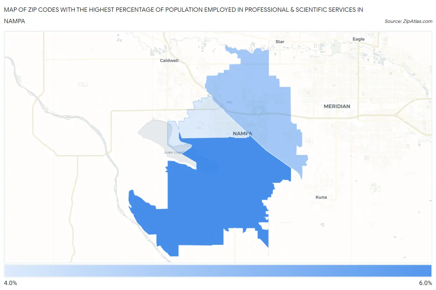 Zip Codes with the Highest Percentage of Population Employed in Professional & Scientific Services in Nampa Map