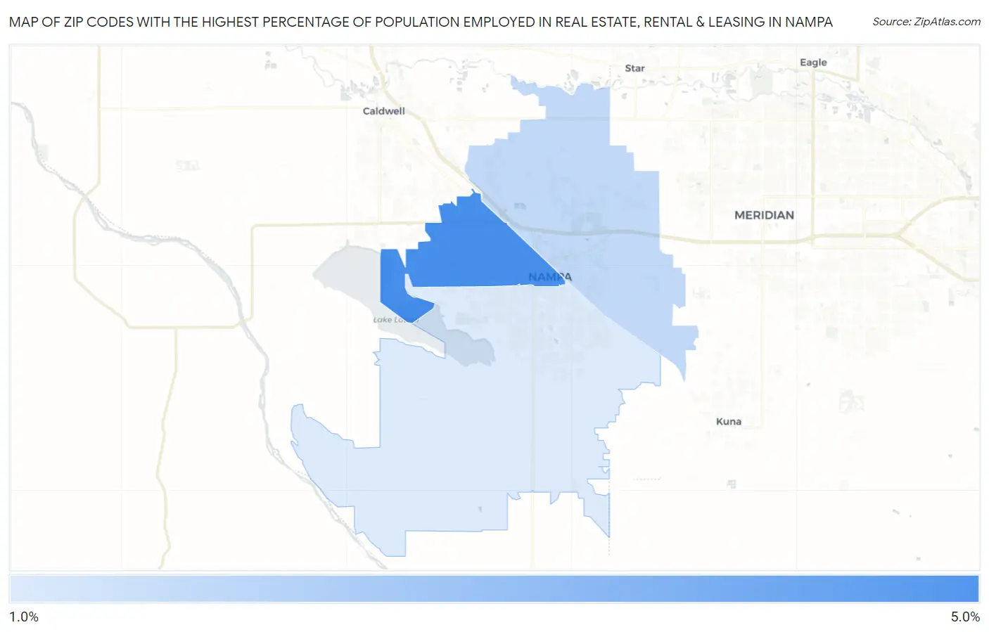 Zip Codes with the Highest Percentage of Population Employed in Real Estate, Rental & Leasing in Nampa Map