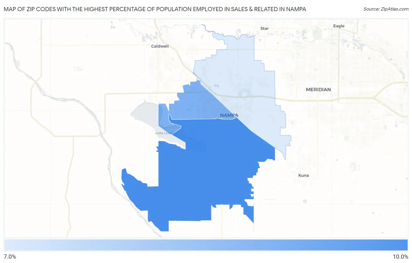 Zip Codes with the Highest Percentage of Population Employed in Sales & Related in Nampa Map