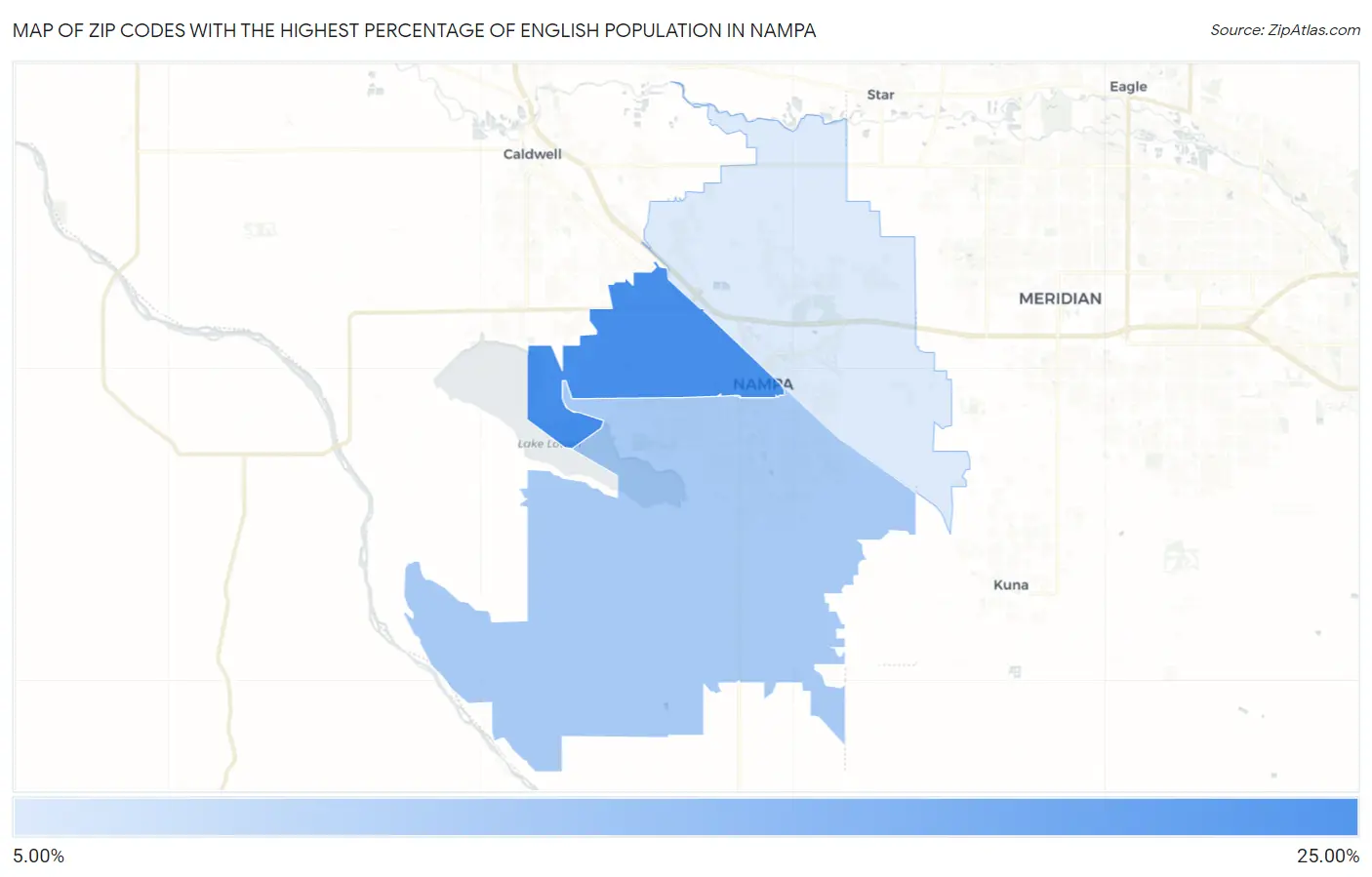Zip Codes with the Highest Percentage of English Population in Nampa Map