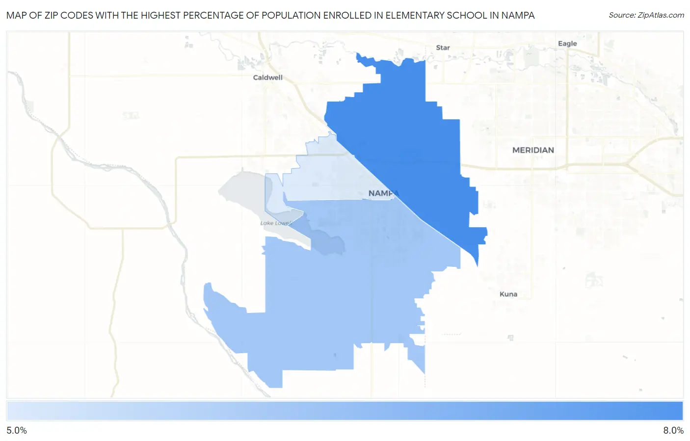 Zip Codes with the Highest Percentage of Population Enrolled in Elementary School in Nampa Map