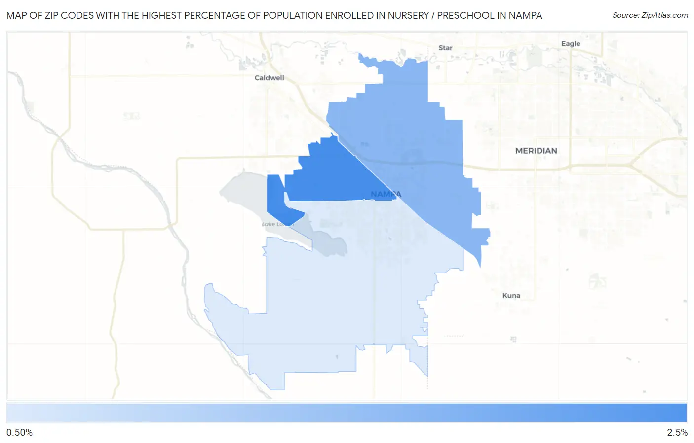 Zip Codes with the Highest Percentage of Population Enrolled in Nursery / Preschool in Nampa Map